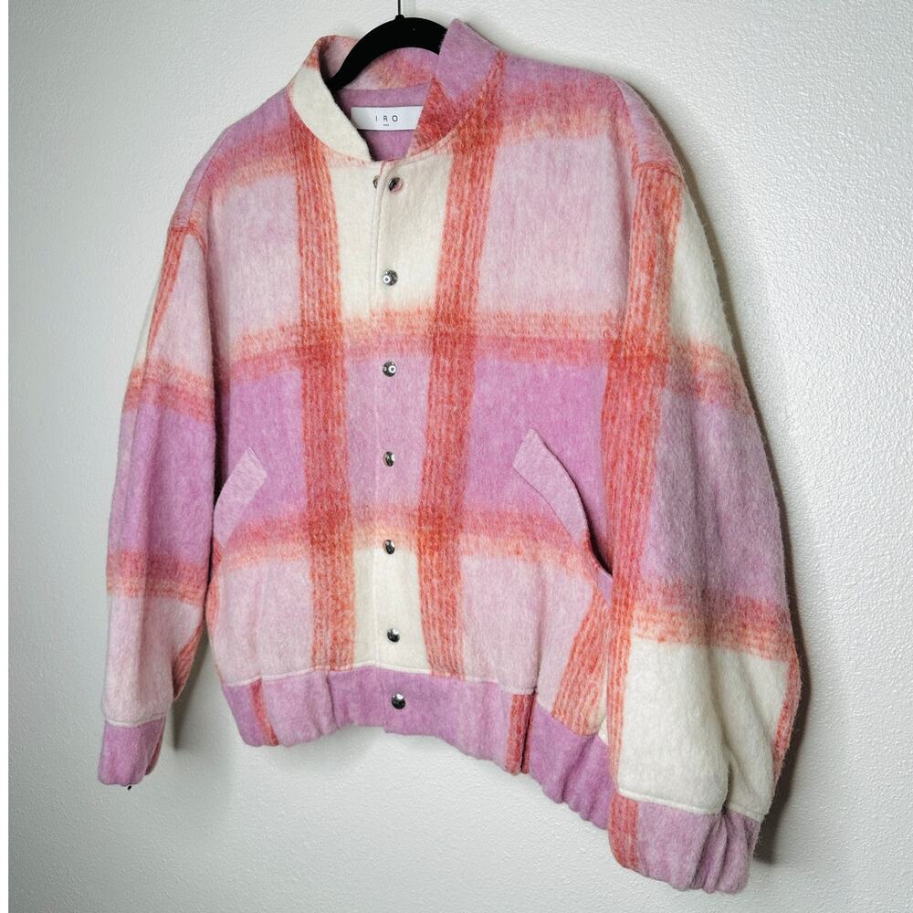IRO Lahiana Biker Jacket Pink Tartan Plaid Long Sleeve Wool Bomber 40 / M - Picture 4 of 14